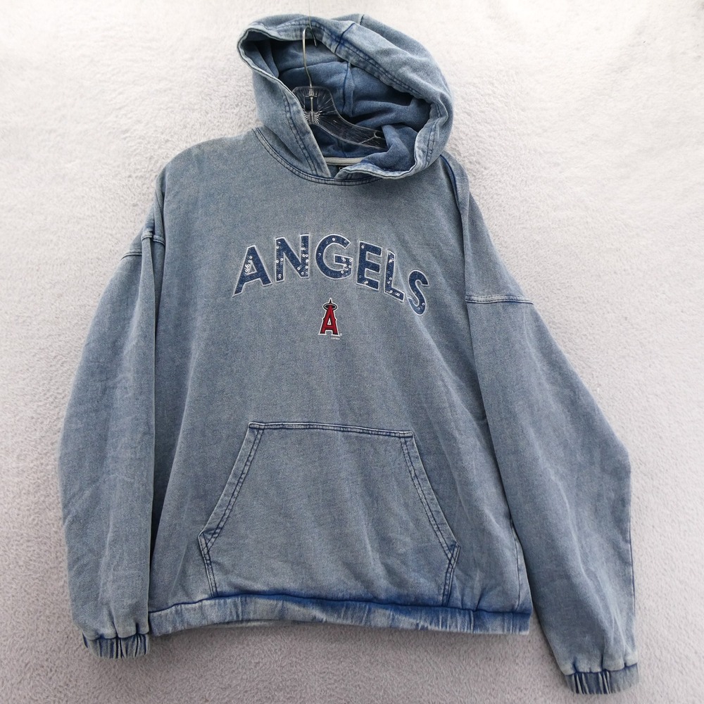 GIII 4Her Hoodie Women Medium Los Angeles Angels Blue Acid Wash Sequins Pullover